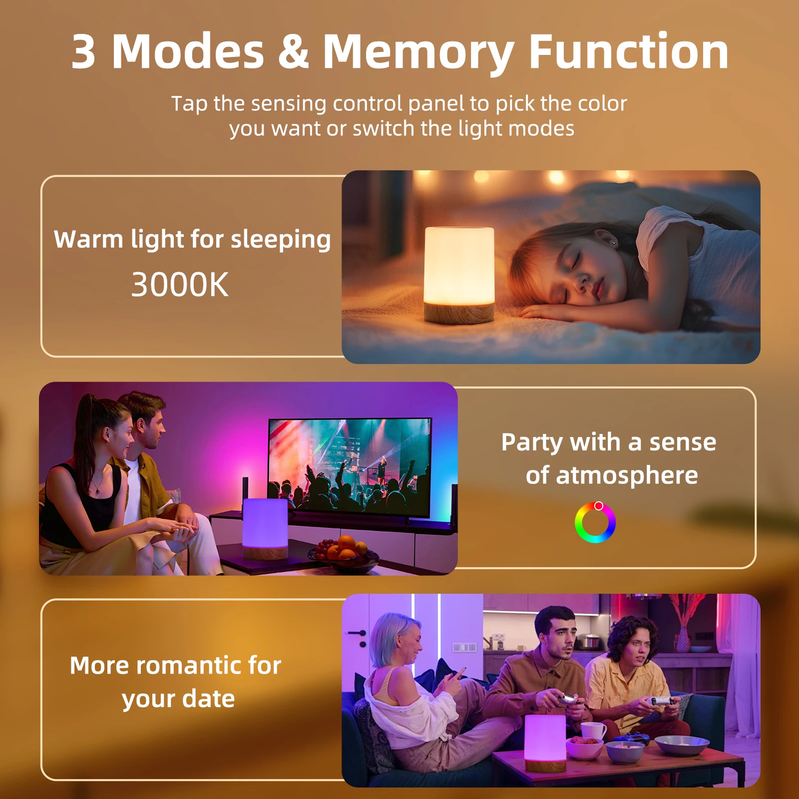 GGbingo 16 Colors Night Light Touch Bedside Table Lamp RGB USB Rechargeable Desk Lamp Bedroom Decoration Gift Dining Table Light