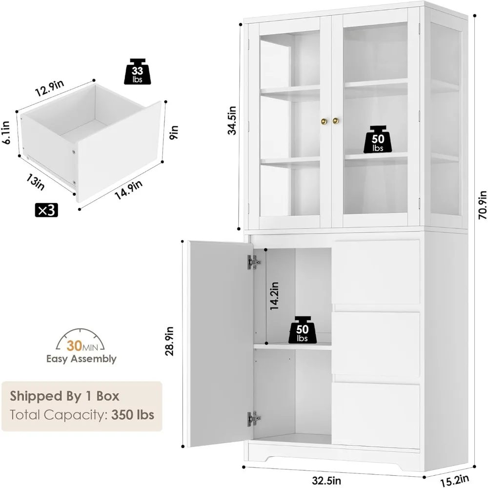 خزانة كتب كبيرة مقاس 71 بوصة مع خزانة عرض زجاجية وأرفف كتب واسعة من 3 طبقات، ورف كتب طويل مع 3 أدراج تخزين، وكابينة صينية #2