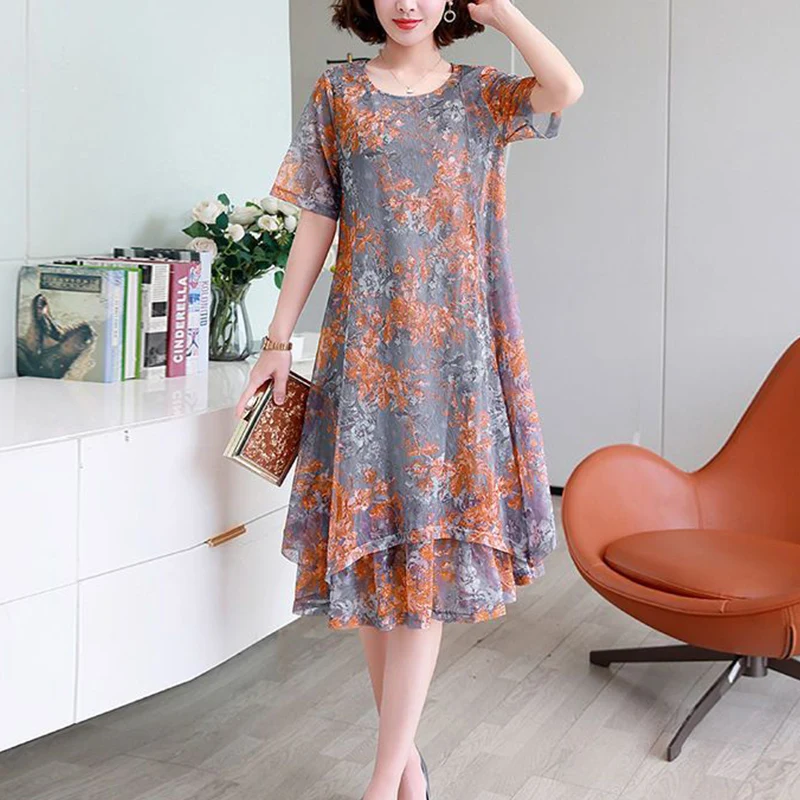 Summer Fashion Elegant Irregular Floral Printed Midi Robe Femme Short Sleeve Casual Mesh Dress Women Vintage Oversized Vestidos