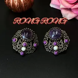 Retro Heavy-duty Exquisite Amethyst Earrings European and American Western Ancient Style Elegant Hollow Light Luxury Earrings