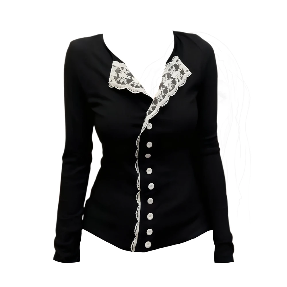 

Женская черная готическая кружевная футболка в стиле эмо, трикотаж Y2k Gyaru, футболка 2000-х годов, винтажные футболки с длинными рукавами и v-образным вырезом, одежда, весна-осень