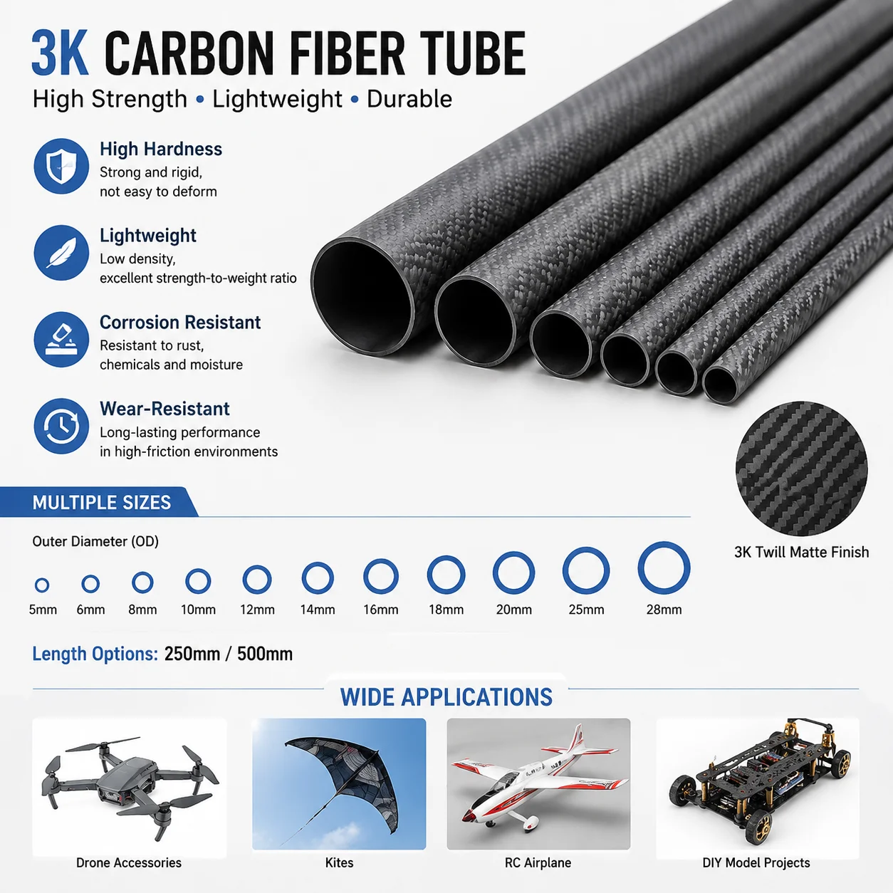 1Pc 3K Matte Carbon Fiber Tube High Hardness Composite Pipe, OD 5-28mm Length 200/500mm for  Airplane Model DIY Parts