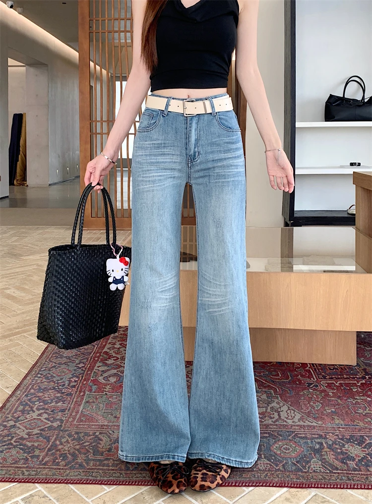 American Retro Blue Washed Wide Leg Jeans Women's High Waist Loose Fit Casual Long Pants Summer Fashion Ladies Jeans