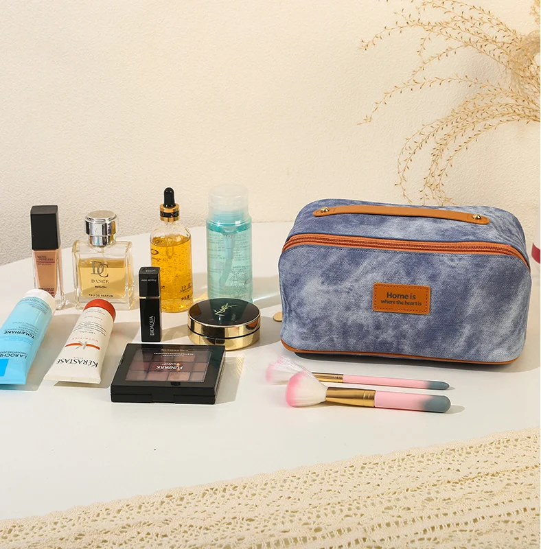 Новая джинсовая текстурированная косметичка большой емкости, дорожная сумка для туалетных принадлежностей, водонепроницаемый винтажный органайзер для макияжа, чехол на молнии