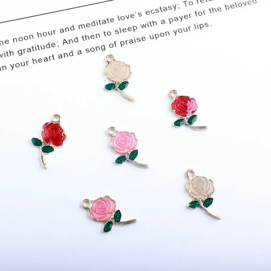 Rose with Branches Enameled Dark Green Leaves and Flowers Alloy Charm 13 * 20 Mm Necklace Pendants Jewelry Crafts 10PCS