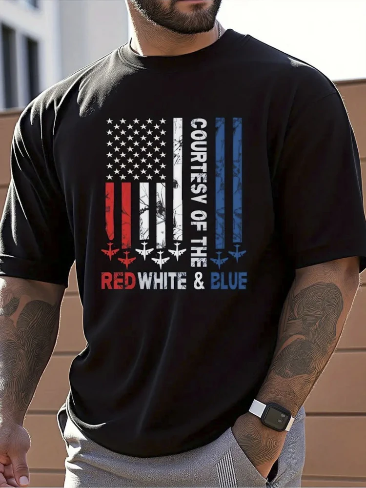 

Creative plane and American flag pattern -100% cotton summer short-sleeved O-neck men's printed T-shirt.