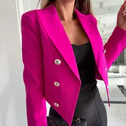 Blazer de manga larga de Color liso para mujer, chaqueta de traje corto con solapa de doble botonadura, elegante, Formal, para oficina