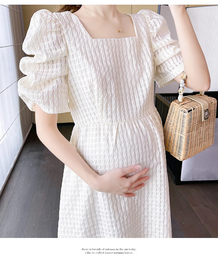 

Pregnant Women's Summer Dress French Style Square Collar Puff Sleeve Maternity Dobby Plaid Dress Pregnancy Princess A-Line Dress