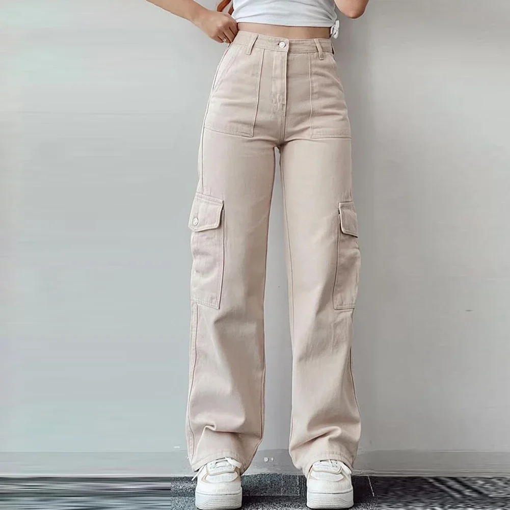 Pantalon Cargo artificiel astique Taille Haute pour Femme, Jogging à Jambes Larges, Baggy, Survêtement Respirant