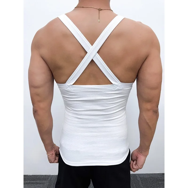 Men's Square Neck Low Cut Backless Cross Strap Elastic Tank Top Sleeveless Summer Nightclub Rave Sporty Gym Workout Bodybuilding