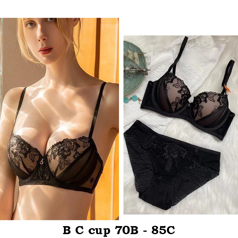 

high quality sexy women bras and brief set push up B C cup lace comfortable wire summer lingerie underwear black white red