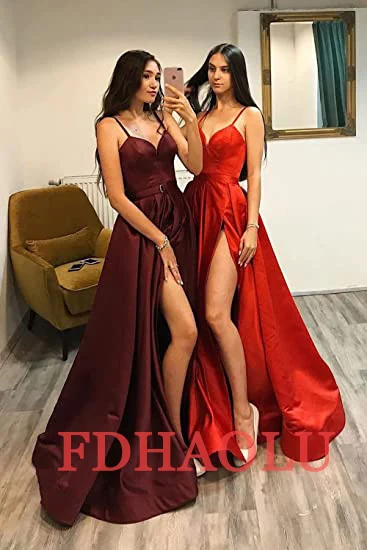 Customized FDHAOLU Black Women\'s Slim Strap Split Satin Prom Dresses Long Evening Dresses with Pocket RU165