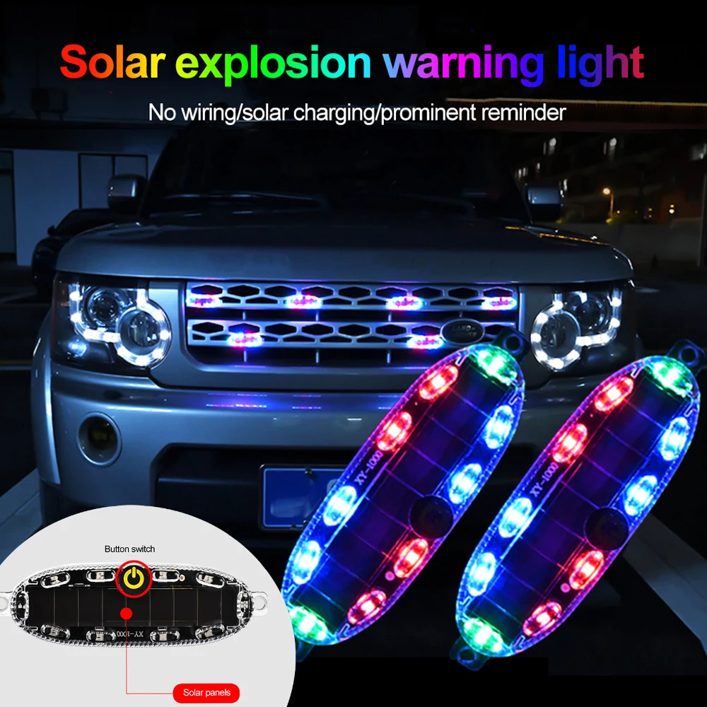 2PCS Solar Powered Warning Light Anti-Theft Alarm LED Light Flashing Indicator Strobe Red Blue LED Lamp for Car Motorcycles Bike