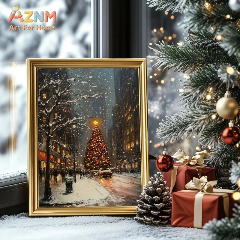 Vintage Snowy City Christmas Canvas Wall Art Urban Street Scene Xmas Tree Winter Holiday Home Wall Print Unframed Canvas Poster