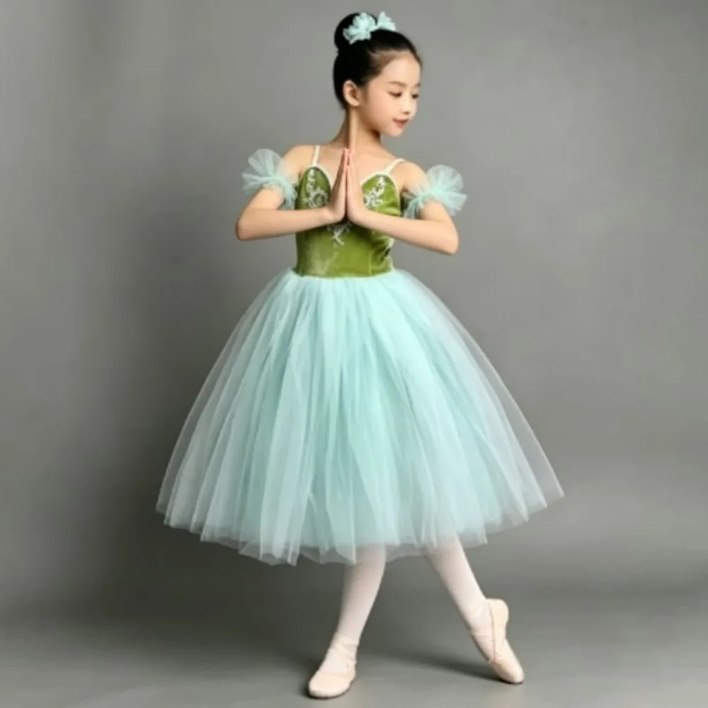 Light Green Professional Ballet Dress Kids Competition Tulle Tutu Skirt Fairy Long Dress For Girls Women Stage Performance Dance