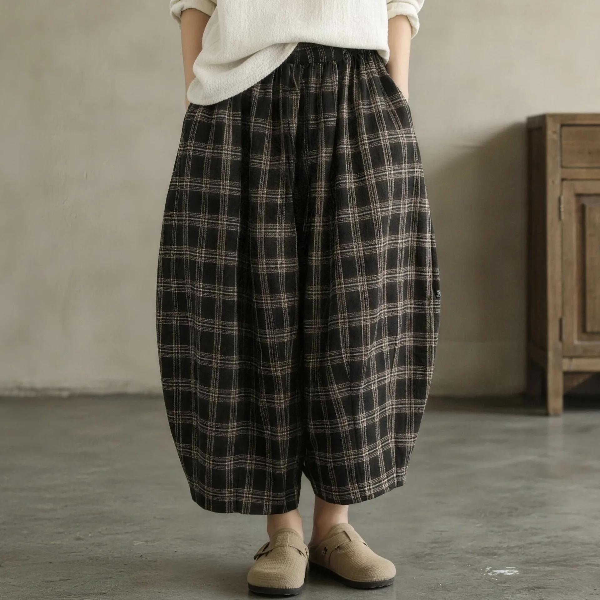 New Hot selling Women Plaid Straight Pants Elastic Waist Vintage Cotton Linen Trouser Spring Pockets Korean Style Female Pants