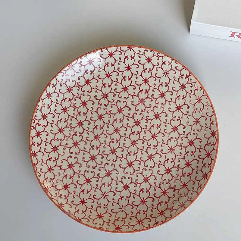 Plato de cerámica estampado Vintage, disco de retales versátil de estilo nórdico, platos de comedor rojos para el hogar, vajilla de postre exquisita