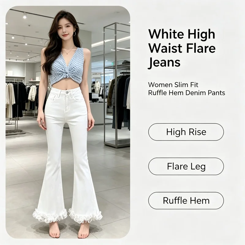 White Lace Spliced Trousers with Slightly Flared Imitation Jeans Women Autumn American Retro Small 9-point Flared Trousers