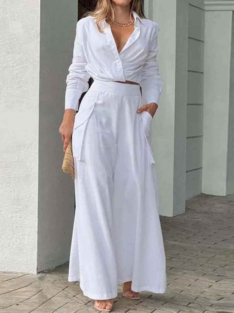 Dames Jumpsuit Lente Zomer Lange Mouw Hoge Taille Effen Shirt Wijde Pijpen Broek Pak Casual Elegant