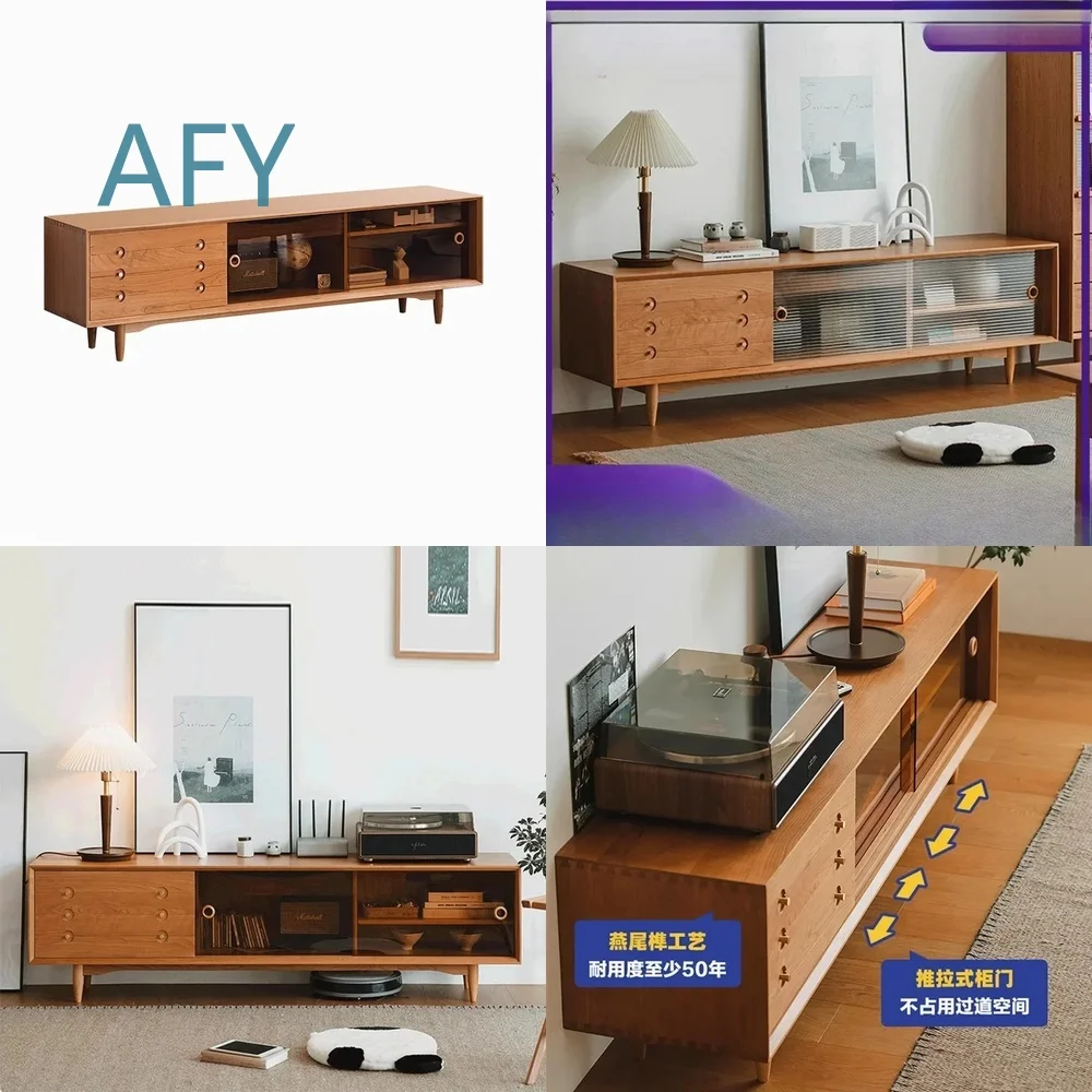 Nordic Japanese Style Solid Wood TV Cabinet for Small Apartment Living Room C Position Modern Minimalist Cherry Wood Media