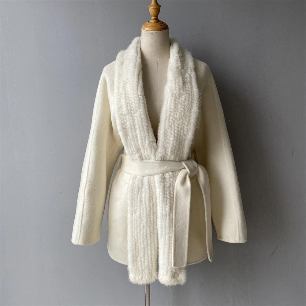 Luxyonuo Women's Winter Coat with Luxury 100% Mink Fur Trim Office Lady Elegant Belt Wool Trench Coats Female 2026 New Arrival
