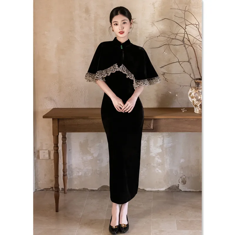 Yourqipao-Conjunto Cheongsam chal de terciopelo negro chino, vestido de noche Qipao mejorado, otoño 2025, nuevo estilo