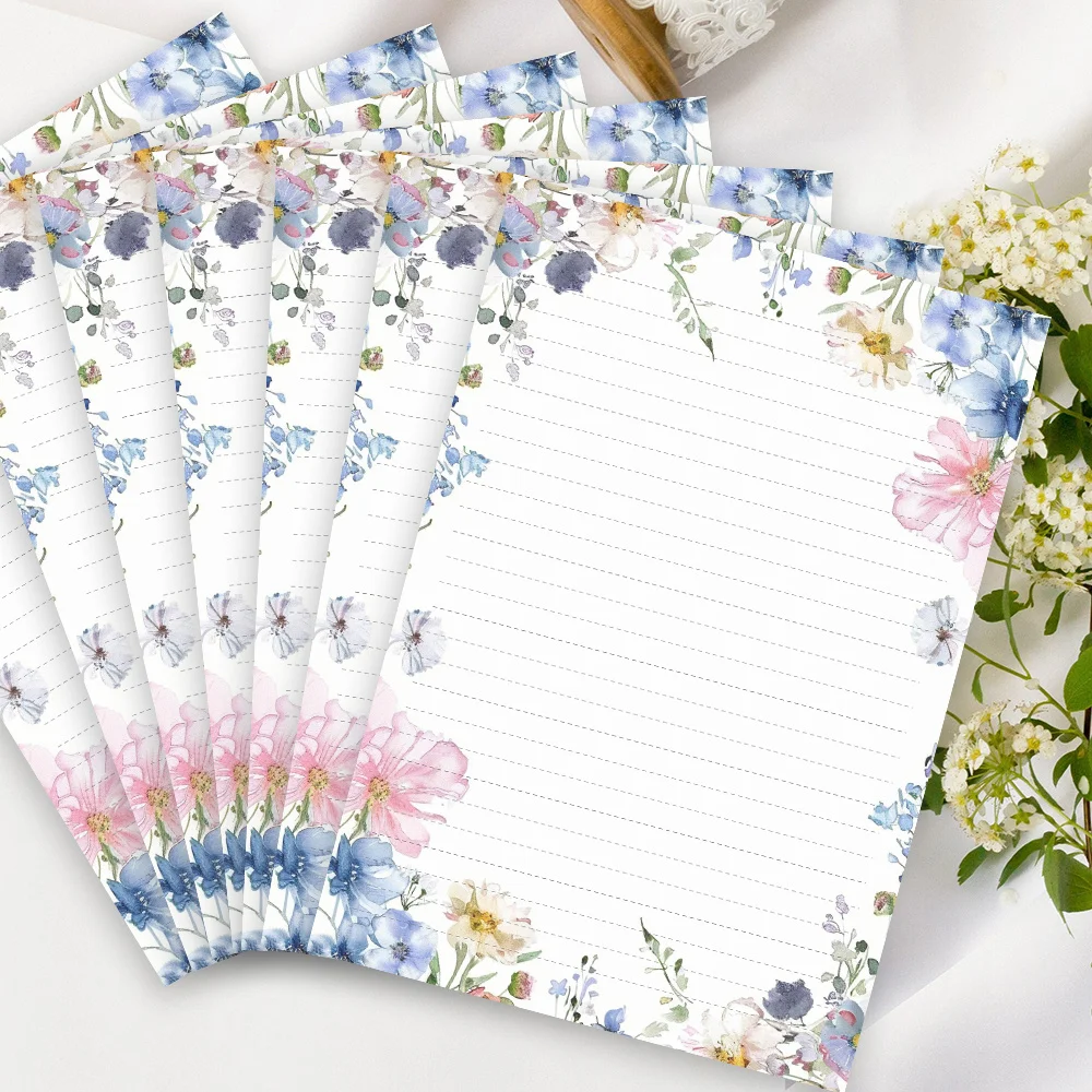 30 sheets, vintage pastoral floral writing paper, lined, glue-free, perfect for notebooks, memos, and stickers