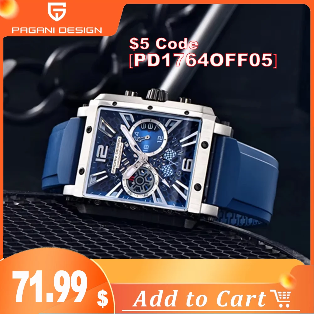 PAGANI DESIGN 42MM Men Quartz Watches Original Rectangles Skeleton VK64 Auto Date Luxury Sapphire Diving Watches For Men