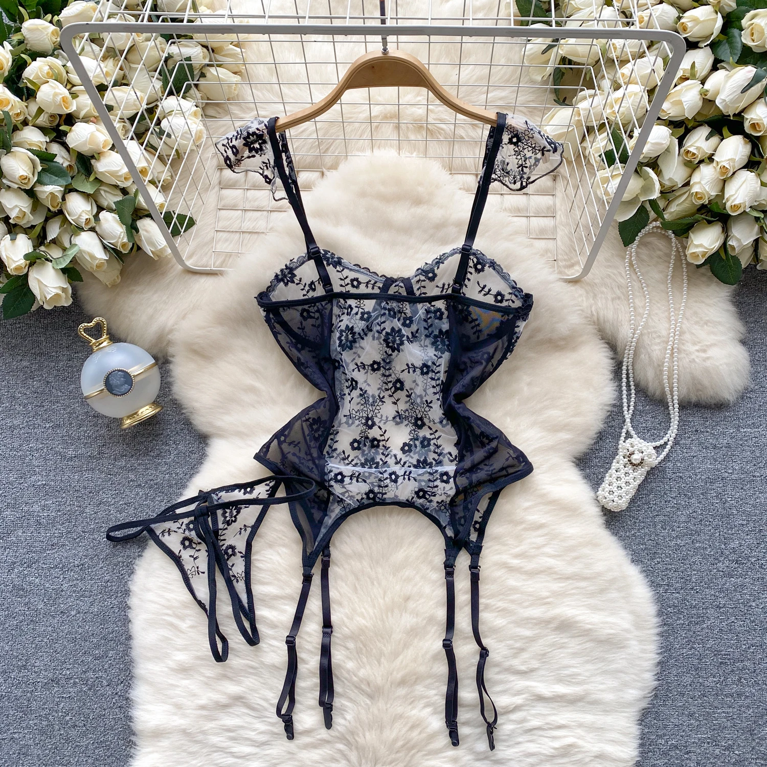 حمالة صدر كلاسيكية مطبوعة بالزهور بذلات قصيرة للنساء ، ملابس نوم ضيقة ، ملابس داخلية حميمية ، ملابس داخلية شفافة مثيرة ، جمبسوت ساخن