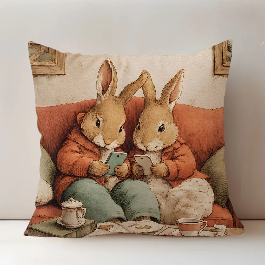 45cm Cute Cat RabbitsThrow Pillow Cover, A Cat and Rabbit Reading Storybooks on The Sofa Design for Home Sofa Pillowcase Decor