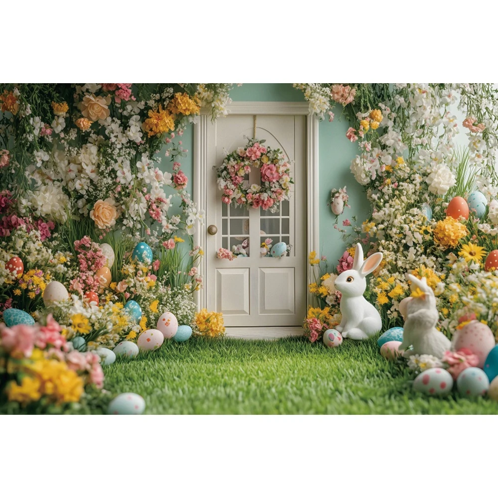 イースター写真,ウサギ,カラフルな卵,花,草地,木製のドア,赤ちゃんの誕生日,写真の背景,春