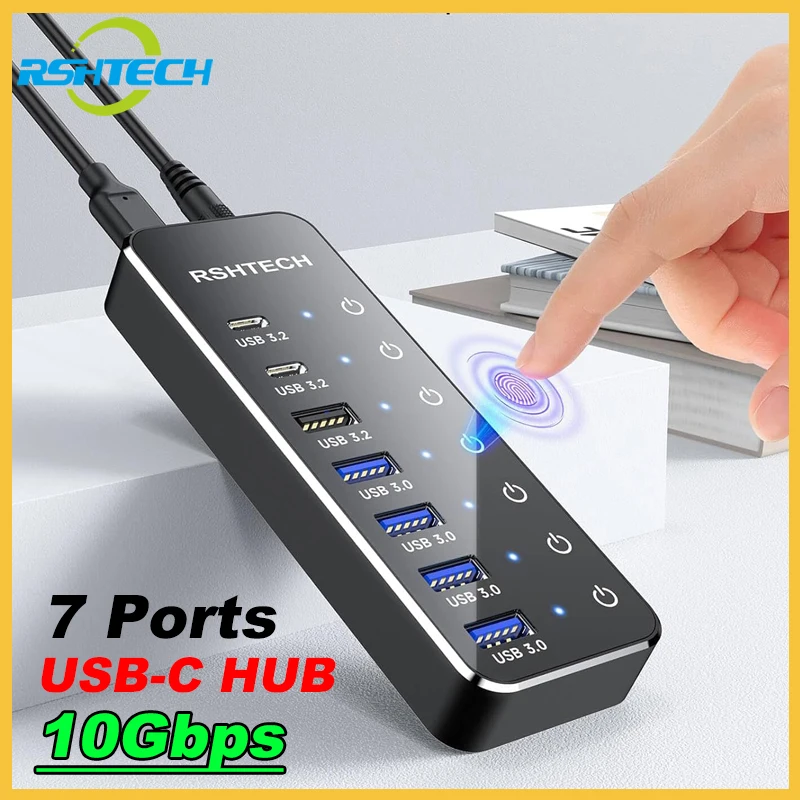 RSHTECH USB C HUB USB3.2 Gen 2 Typ-C Expander Individuelle Touch-Schalter Multiport USB Hubs Splitter für Laptop MacBook