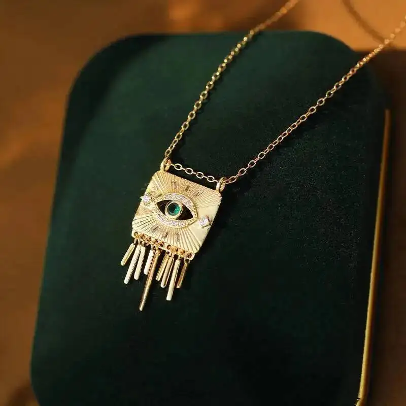 925 Silver Gold Plated Oblong with Bar Tassels Pendant Necklace For Women Cubic Zirconia Evil Eye Fashion Chokers Necklaces Gift