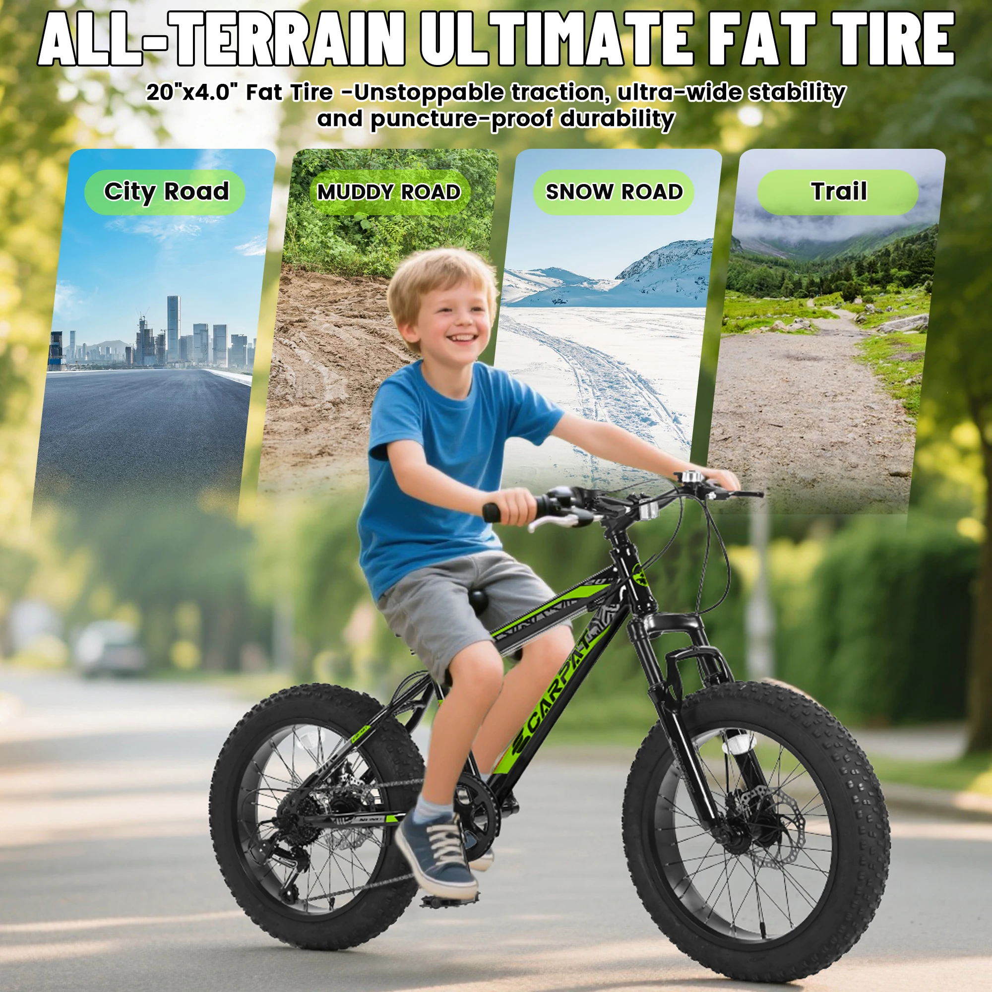 Ecarpat 20 x 4.0 Inch Tire Kids\' Bike, Wide Fat Tire Mountain Bike, 7 Speed for Boys Girls Children Kids\' Bicycles, Steel Frame