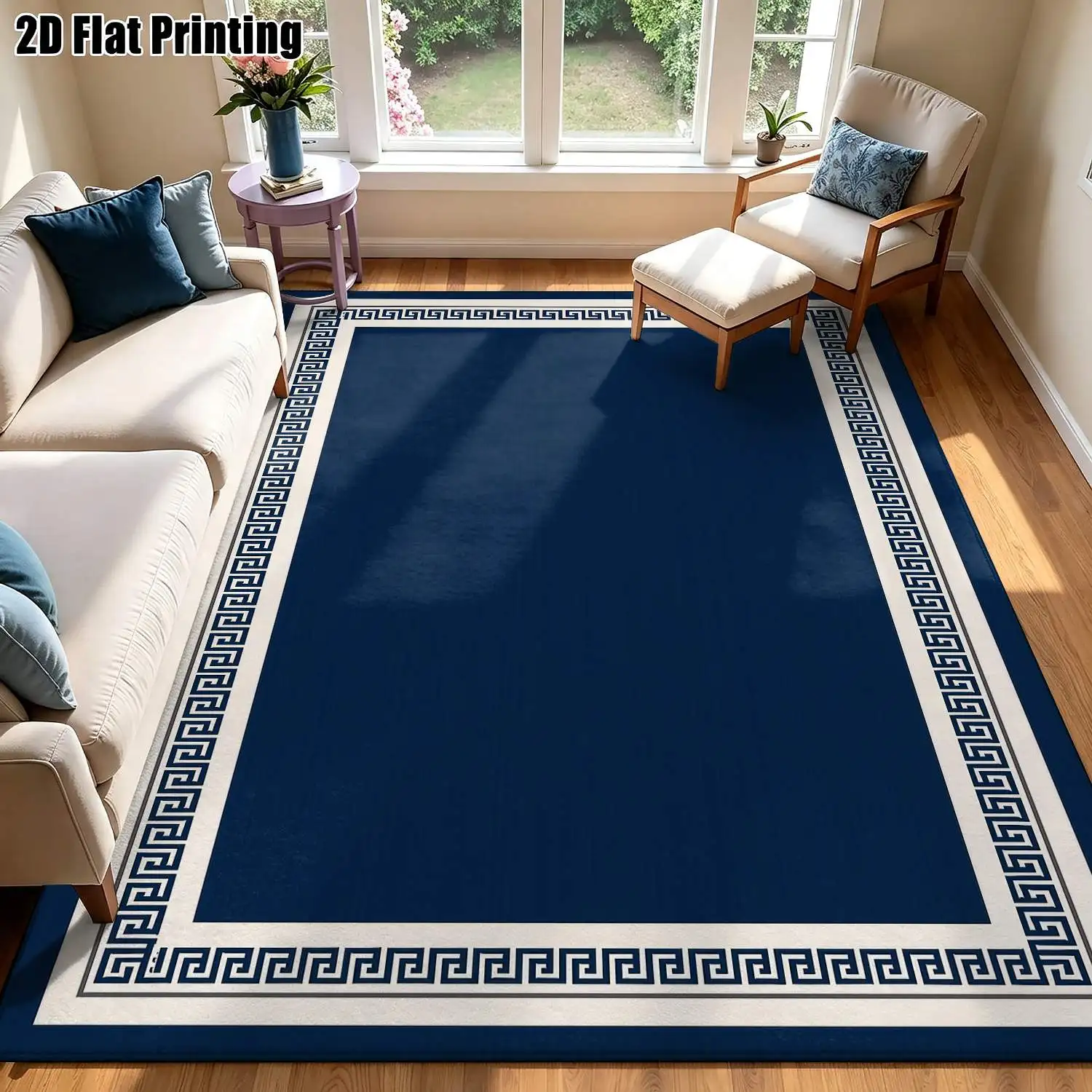 1Pc 2D Printed Carpet: Dark Blue Geometric Scroll Border, European Retro Minimalist Style, Home Decor, Multi-Size, Machine Washable, Suitable for Entrance/Dining/Living/Bedroom Mats
