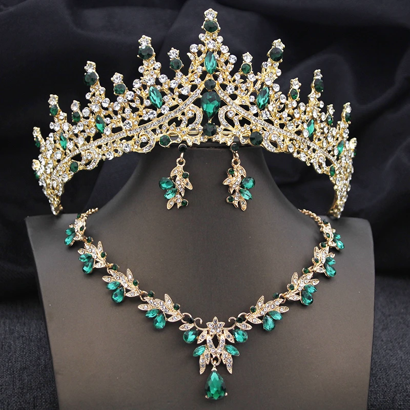 3 Pcs Green Wedding Crown Set Necklace earring Bridal Tiaras and Crowns for Princess Bride Jewelry sets Costume Accessories