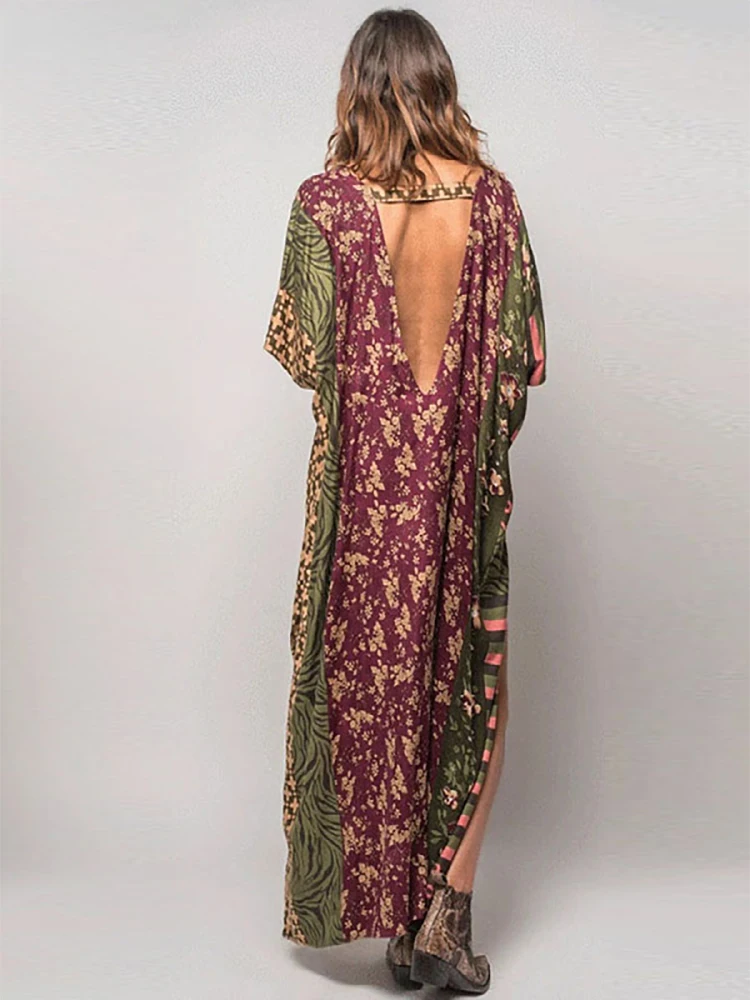 Boho Jurk V-hals Beach Cover Up Pareo Maxi Jurk Vrouwen Lange Zomer Jurk Badpak Cover Up Gewaad Plage Kaftan jurk Beachwear