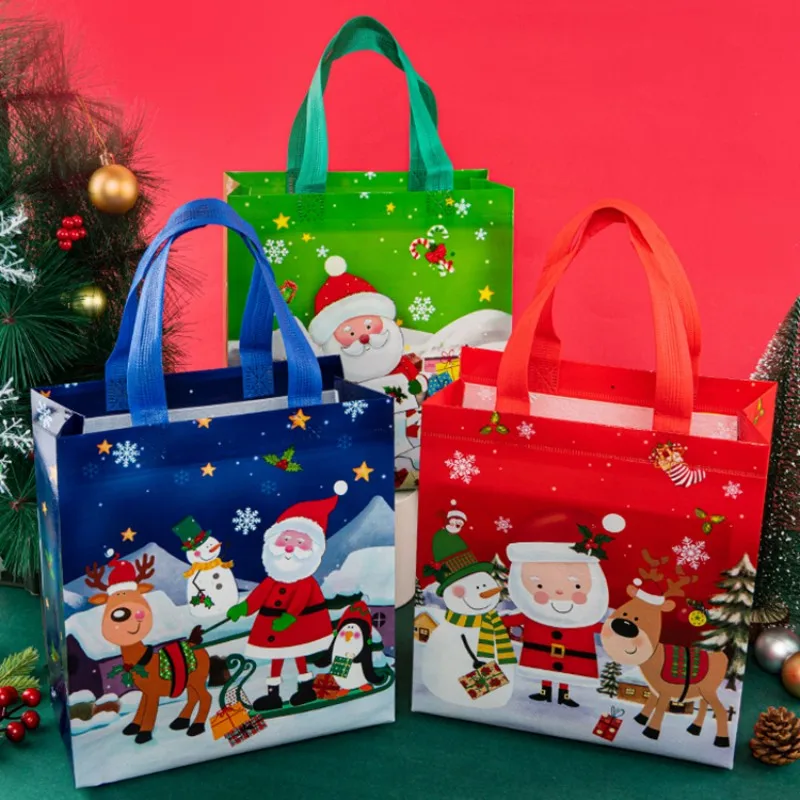 StoBag 12pcs Merry Christmas Non-woven Tote Bags Gift Candy Package Waterproof Fabric Cloth Storage Reusable Pouch Party Favors