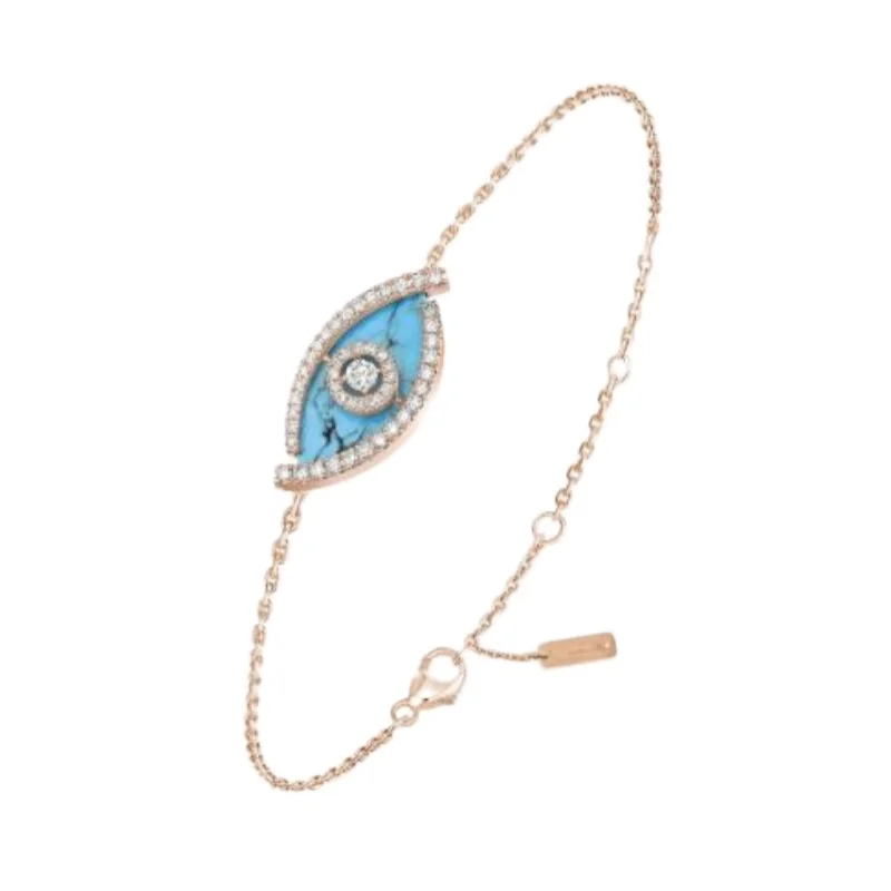 Pulsera de Ojo Turco Chapada en Oro Rosa con Turquesa, Cadena Ajustable con Dije Pavimentado