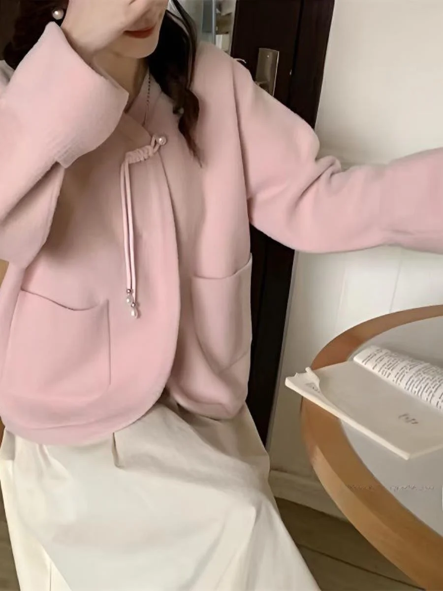 Pink Woolen Jaet ort Faionable Ele Spring Autumn New Sle Cute Ethnic Sle Clothing Lapel Pin Busin Sle 2025...