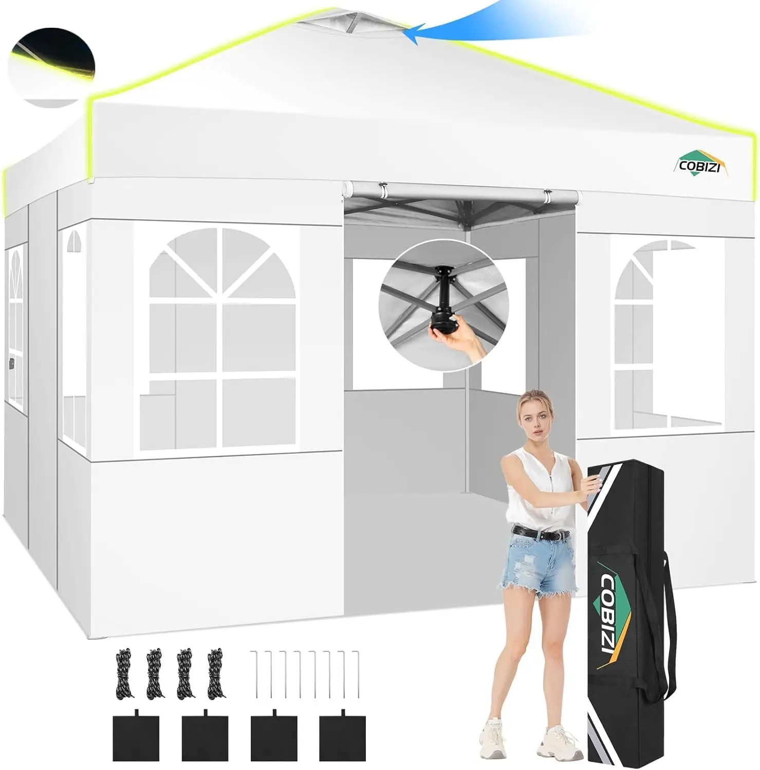 10x10 Pop Up Canopy - One Push Setup Tent, Glow Strips, 4 Sidewalls, Customized