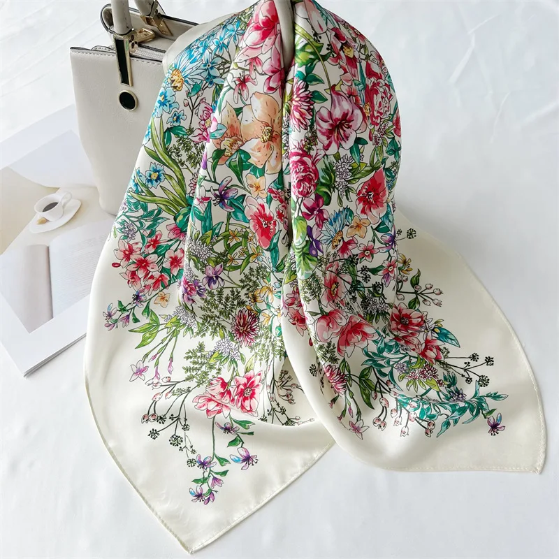 Flower Mulberry Silk Scarf Women Square Accurate Hem Bandanas Top Accessories Square Head Neck Shawls Scarves Foulard Female