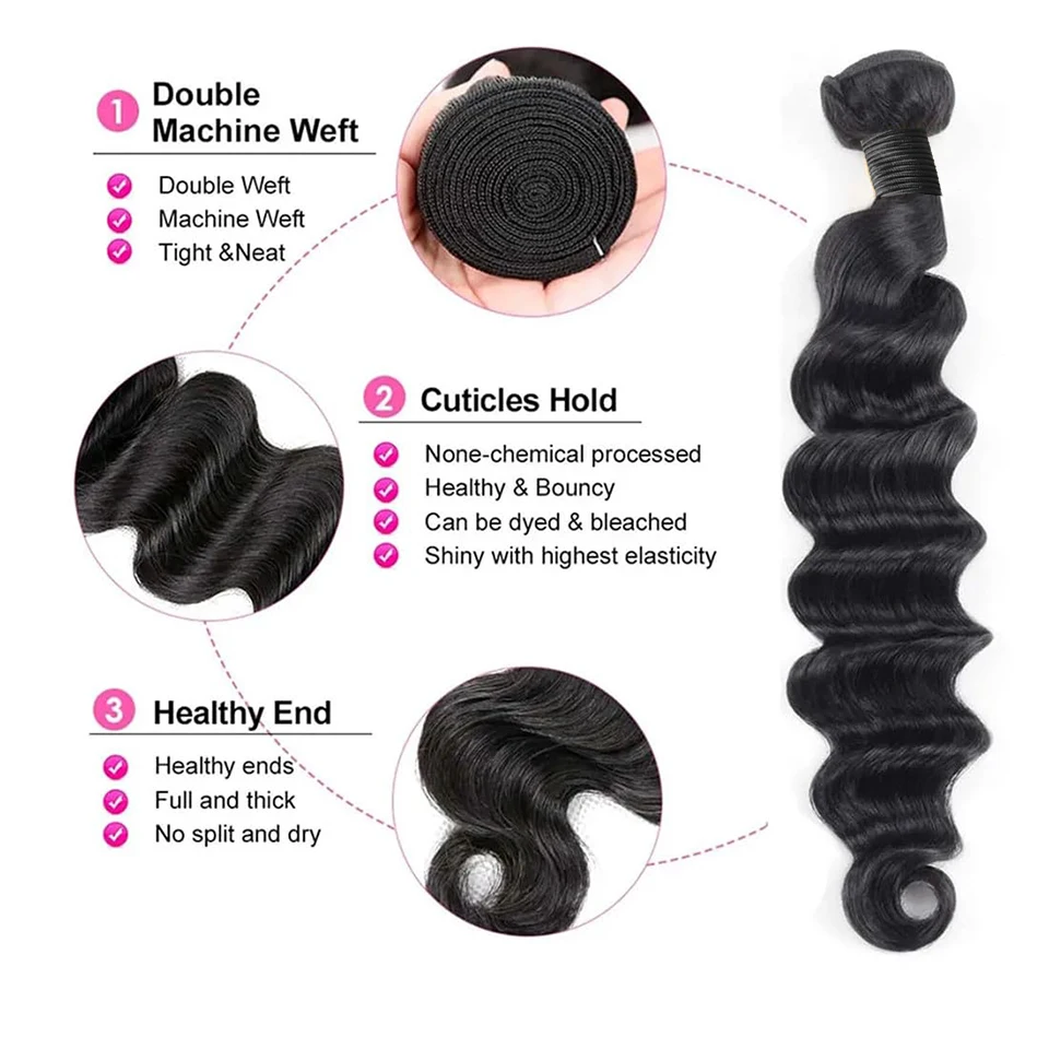 Loose Deep Wave Bundles with Closure 100% Unprocessed Virgin Human Hair Bundles with Closure Loose Deep With 4×4 Lace Closure