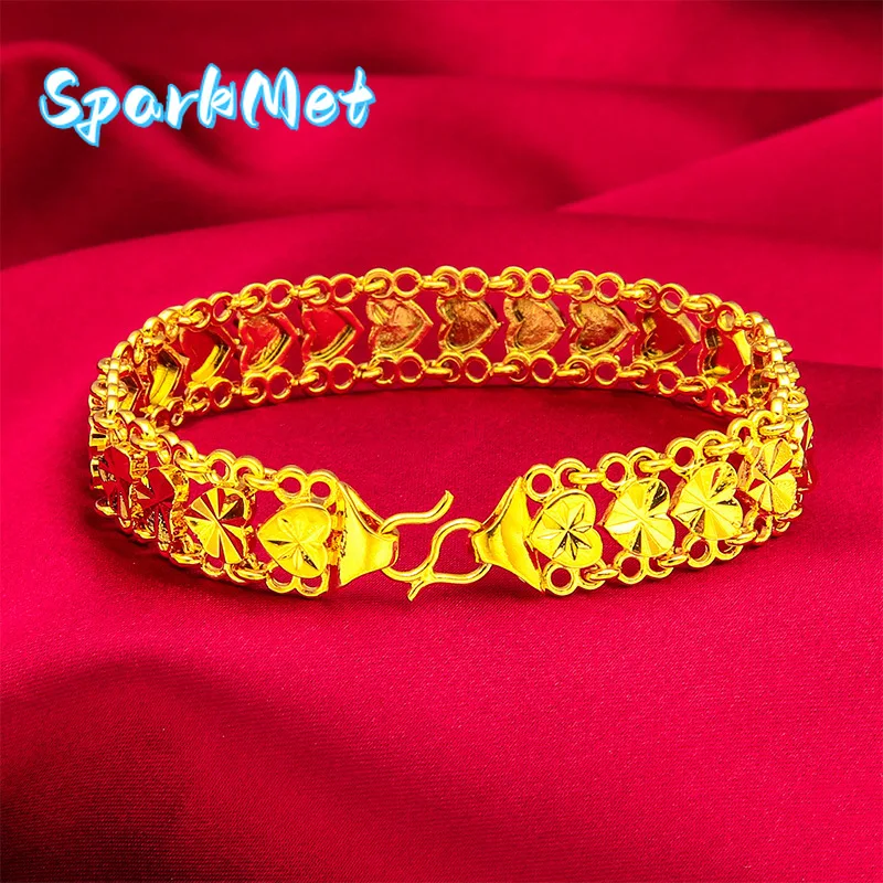 

Sparkmet24K Gold Heart S-Clasp Wide Bracelet | AU999 Pure Gold, 3D heart-embellished S-clasp, wide band for an elegant daily loo