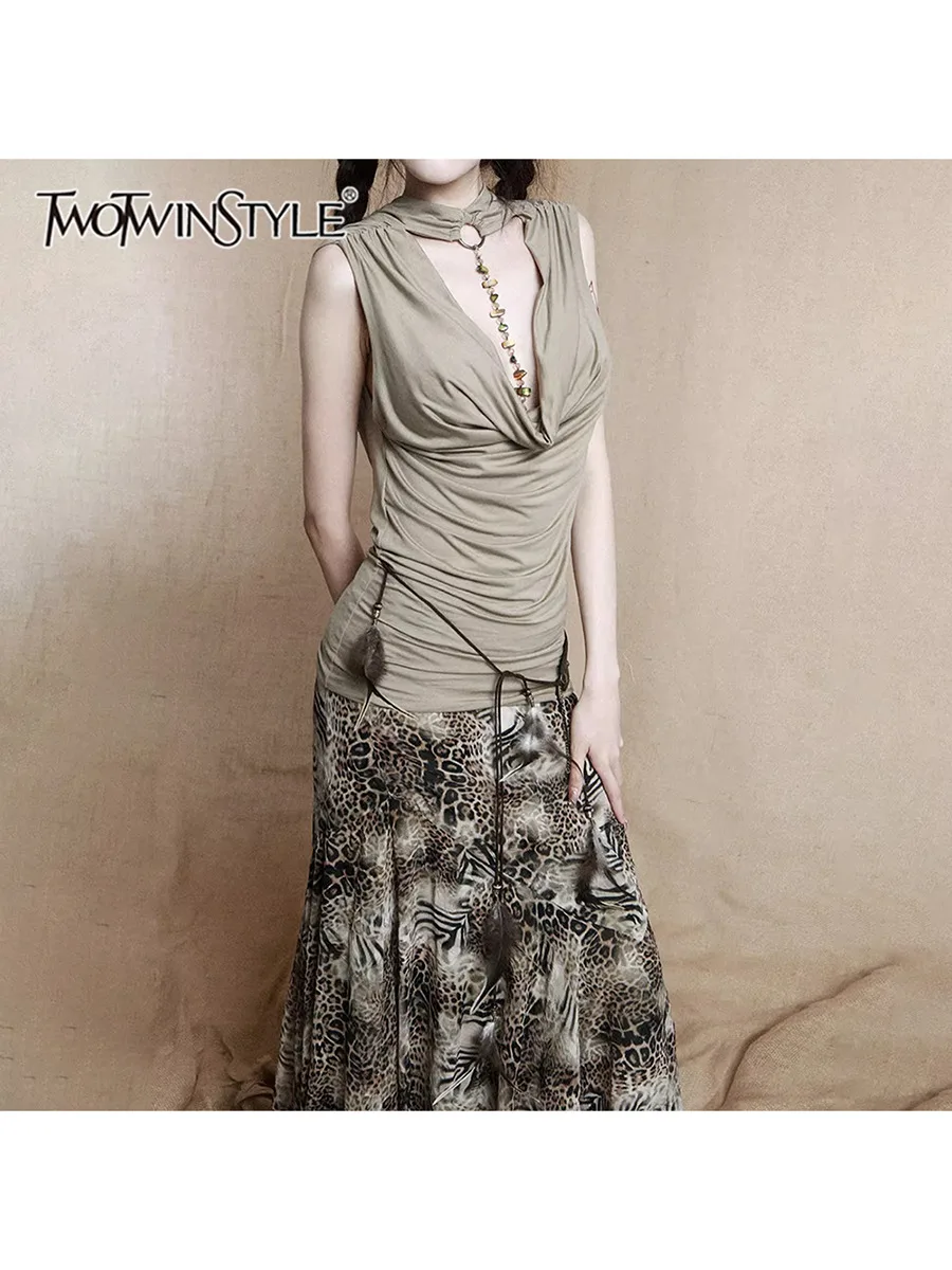 

TWOTWINSTYLE Solid Spliced Tassel Irregular T Shirts For Women O Neck Sleeveless Tunic Temperament Minimalist Vest Female New