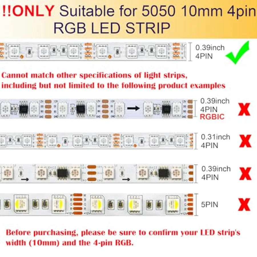 4 Pin LED Strip Connector Kit for 5050 RGB NOT RGBIC 10mm LED Light Strip, Include 8 Types of Solderless Accessories, Provide M