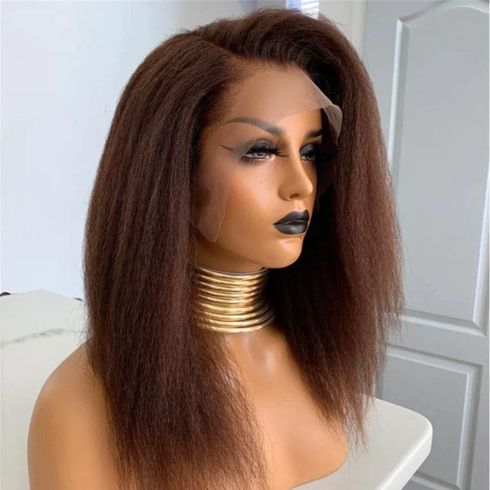 

Long Kinky Straight Brown Yaki Soft 26inch 180% Lace Front Wig For Women Babyhair Preplucked Glueless Heat Resistant Daily Wig