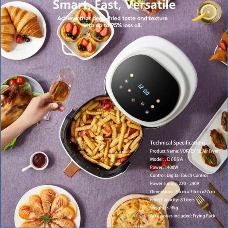 2024년 핫세일 가정용 에어프라이어 8L 대용량 바스켓 포함 무오일 전기 스마트 디스플레이 에어 오븐 (주방용)