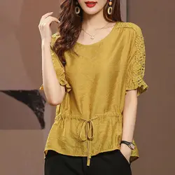 Elegant Lace Hollow Out Spliced O-Neck Bandage Flare Sleeve Loose Blouse Summer Casual Women's Clothing Plus Size Commute Shirt