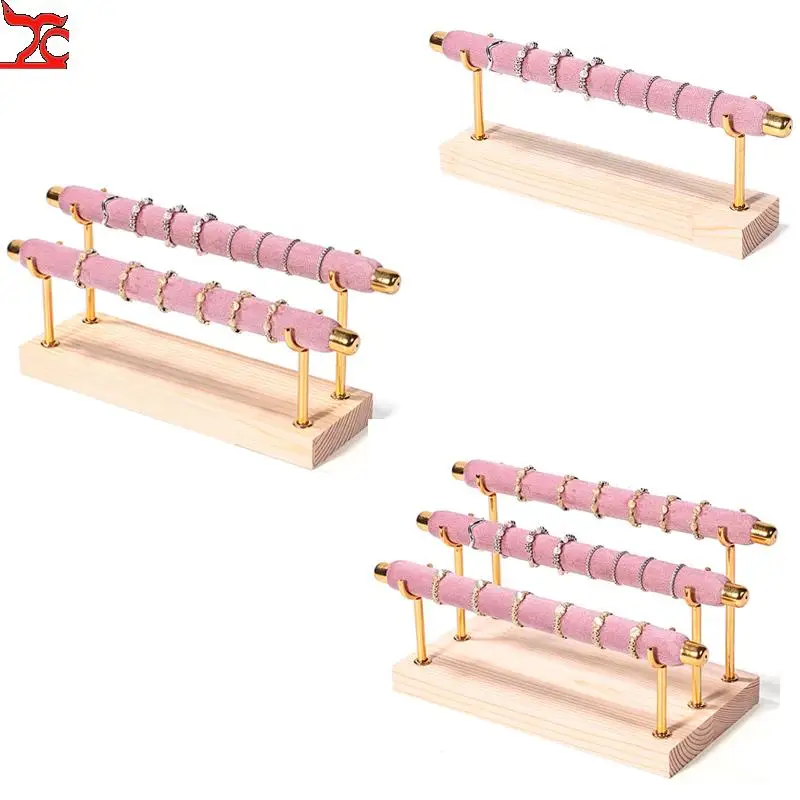 Solid Wood Pink Velvet Jewelry Display Stand Ring Earrings Storage Stand Bracelet Watch Display Stand